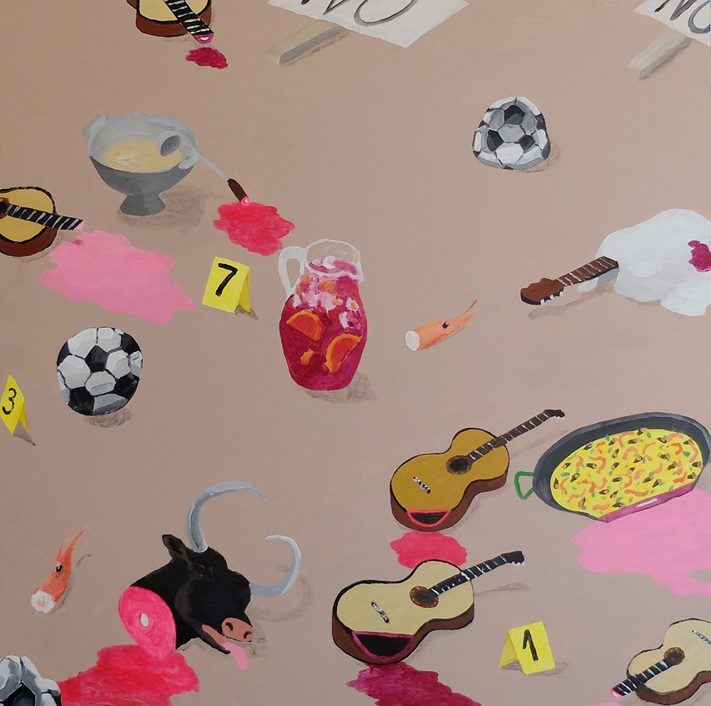 Antonio Asensi, Sangría crime scene. 2015, acrílico sobre tabla, 100 x 100 cm