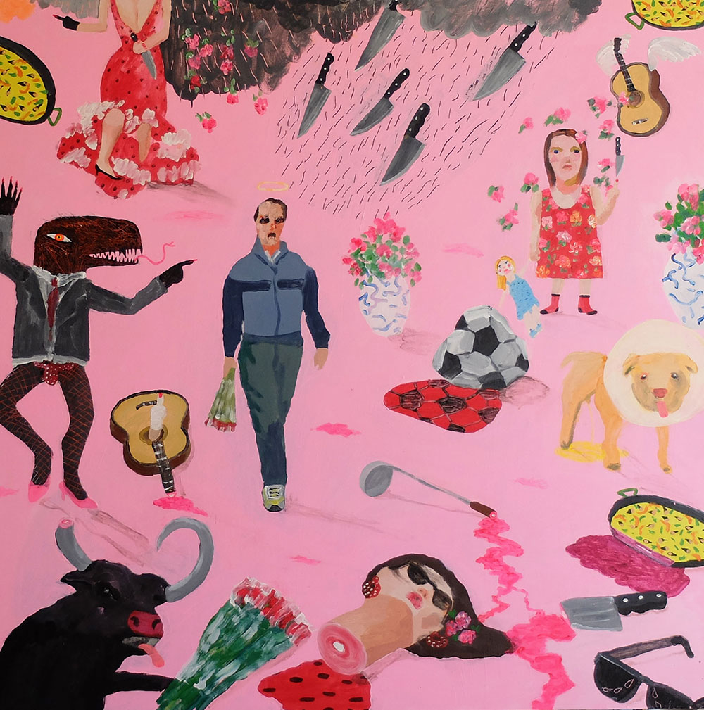 Antonio Asensi, Tonadillera’s revenge and la niña del knife. 2015, acrylic on plywood, 100 x 100 cm