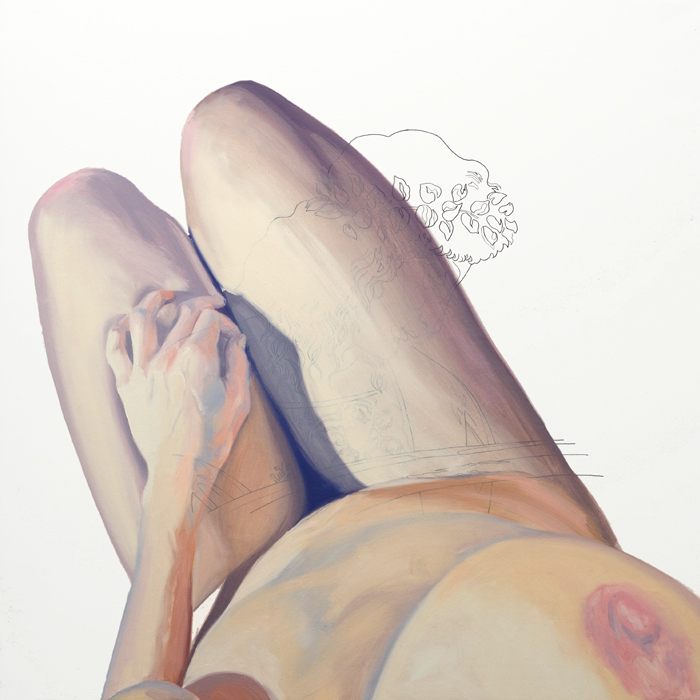 Carmen González Castro, Con la mirada clavada en su propio reflejo. 2019, tinta china y óleo sobre lienzo, 80 x 80 cm.