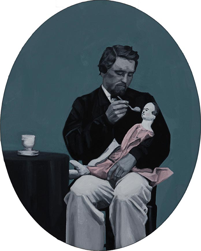 Cristina Toledo. Feeding a Doll. 2018, huile sur toile, 50 x 40 cm.