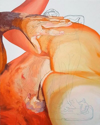 Carmen González Castro. “Y por fin su boca ya no besó una boca falsa”. Serie Pigmalión y Galatea. 2017, óleo sobre lienzo, 41 x 33 cm.