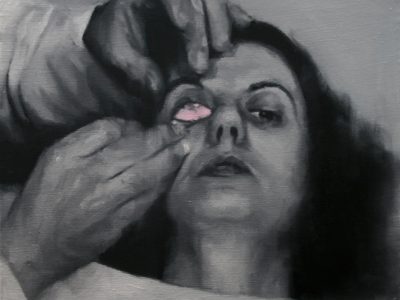 María Carbonell, The pink eye. 2016, óleo y spray sobre lino, 38 x 46 cm